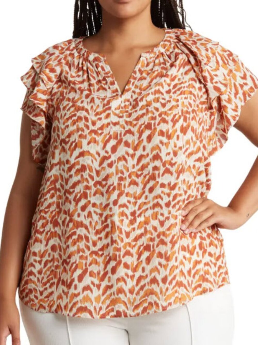 DR2 by Daniel Rainn Triple Ruffle Sleeve Blouse - Ivory Print, 2X
